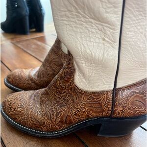 Olathe Boot Co. Two-Tone Brown Tooled Leather and White Cowgirl Heeled Boots